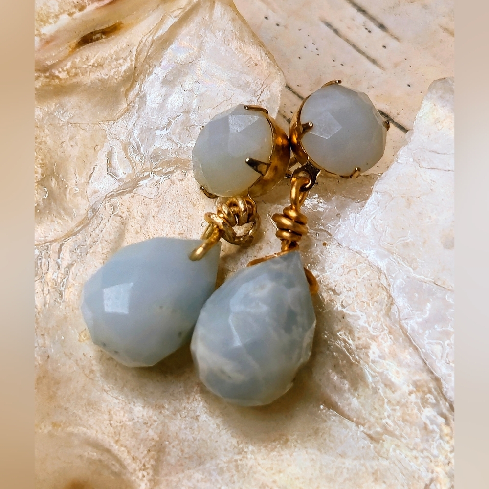 Natural Blue Peruvian Amazonite In Two Settings Gold Plated Mystical Earrings